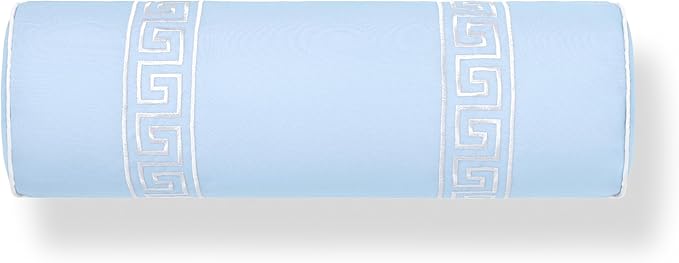 Hofdeco Premium Coastal Grandmillennial Patio Indoor Outdoor Bolster Pillow Cover Only, 8"x24" Water Repellent for Backyard, Couch, Poolside, Baby Blue Embroidered Greek Key