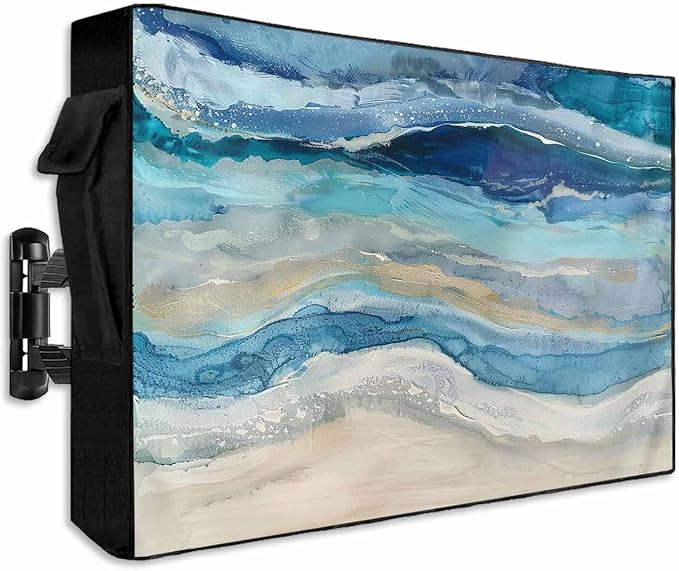 Outdoor TV Cover 70-75 Inch Weatherproof, Blue Coastal Outdoor TV Enclosure with Zipper & Roll Up Front Flap, Summer Beach Nautical Abstract Art Waterproof TV Covers for Outside Flat Screen TV