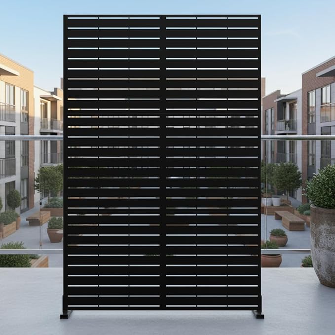 Privacy Screen Outdoor Metal Fence Panel, 72" H x 47" W Freestanding Decorative Privacy Fence for Patio, Deck, Balcony, Backyard, Garden with Stable Base