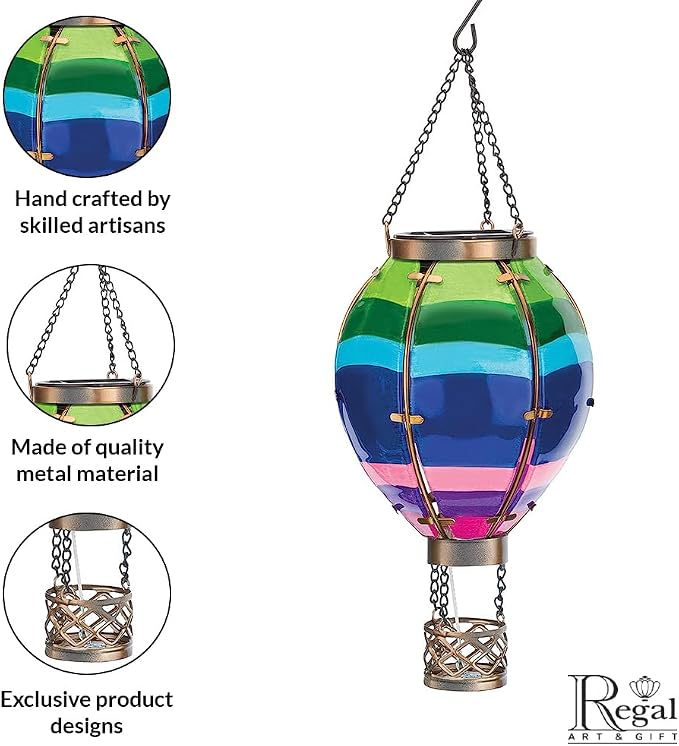 Regal Art & Gift Hot Air Balloon Solar Lantern – Hanging Solar-Powered LED Lights, Waterproof Portable Decorative Outdoor Lamp Made of Metal & Glass for Garden, Patios & Pathway – Stripe (Small)