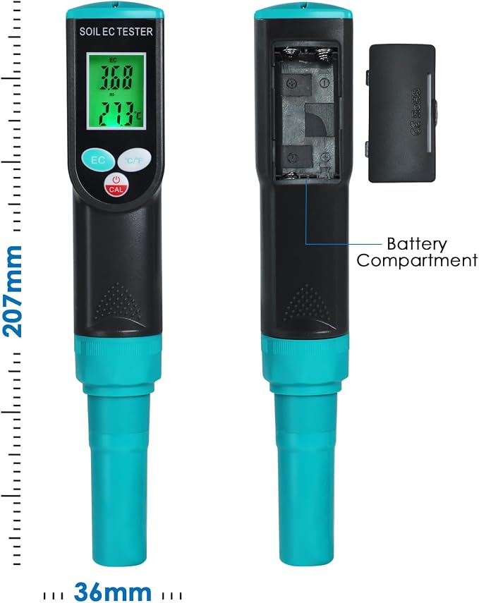 Soil EC & Temperature Meter, 2 in 1 Digital EC Meter with Automatic Temperature Compensation 0~50℃ Portable Soil EC Meter with Corded EC Sensor Electrode for Agricultural, Gardening, Plants