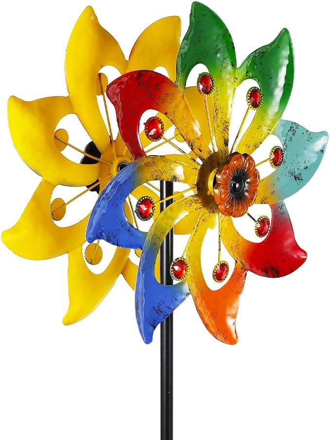 Stargarden Wind Spinner, Colorful Metal Wind Sculptures & Spinners, Double Pinwheels 63 * 13" Windmills for Yard and Garden