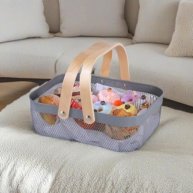 AJIODA Metal Mesh Steel Basket, Storage Organizer Basket Garden Harvest Basket Multi-functional Kitchen Fruit Baskets Bin with Wooden Handle for Bathroom Picnic Shopping Decor Cabinet Home, Grey