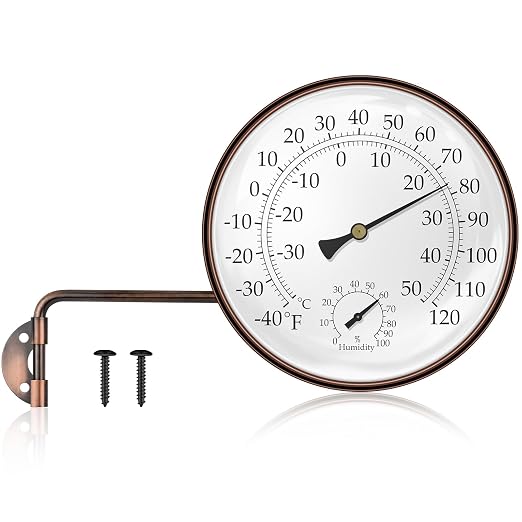 6 Inch Analog Outdoor Thermometer Hygrometer, Solid Copper Weatherproof Large Dial with Swivel Mount, No Battery Mechanical Gauge for Patio Garden Greenhouse Garage Wall