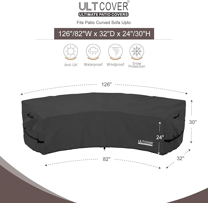 ULTCOVER Patio Curved Sofa Cover Waterproof for 3-4 Seater Outdoor Sectional Furniture Couch 126"(Back Arc Length) / 82"(Front Arc Length) x 32"(Deep), Black