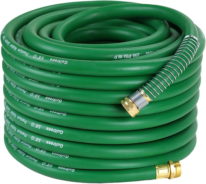 Guitrees 100FT 5/8 Heavy Duty Rubber Garden Hose - 300psi Working, 1000psi Burst - Hot/Cold Water - Five-Layered Braiding for Durability - Versatile for Gardening, Agriculture, Construction(Green)