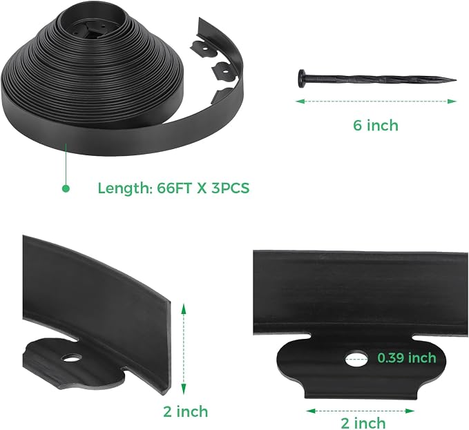 2-Inch x 200 FT Landscape Edging Border with 300 Stakes, Plastic Garden Edging Border Kit, Flexible No Dig Lawn Edging Border for Garden Flower Beds Yard Pathway Paver (Black)
