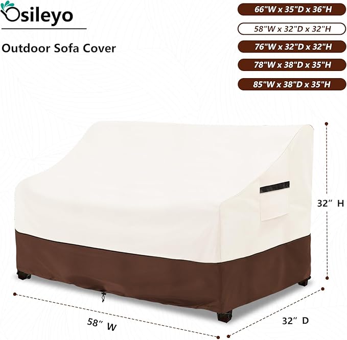 Patio Sofa Covers,100% Waterproof 2-Seater Outdoor Loveseat/Bench Cover,Patio Furniture Covers,58" Wx 32" Dx 32" H,Beige&Brown