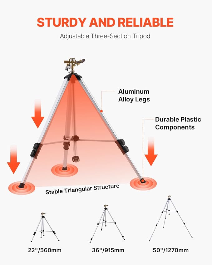 VEVOR Impact Sprinkler on Tripod Base, Heavy Duty Tripod Sprinklers with Brass Head & 3/4" Connector, 360 Degree Large Area Coverage Irrigation Sprinkler, Adjustable Heights, for Yard Gray