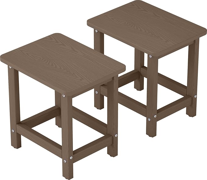 Set of 2 HDPE Outdoor Side Table, Weatherproof Small Outdoor Table for Adirondack, 16.6-Inch Patio Square End Tables for Garden, Backyard, Porch, Deck, Balcony, Poolside (Brown)