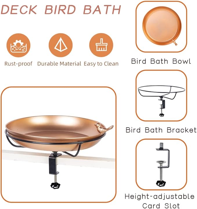 DREAMSOUL Deck Mounted Bird Bath, Metal Bird Bath with Sturdy Steel Clamp, 12" Birdbath for Railing Balcony Garden Decoration