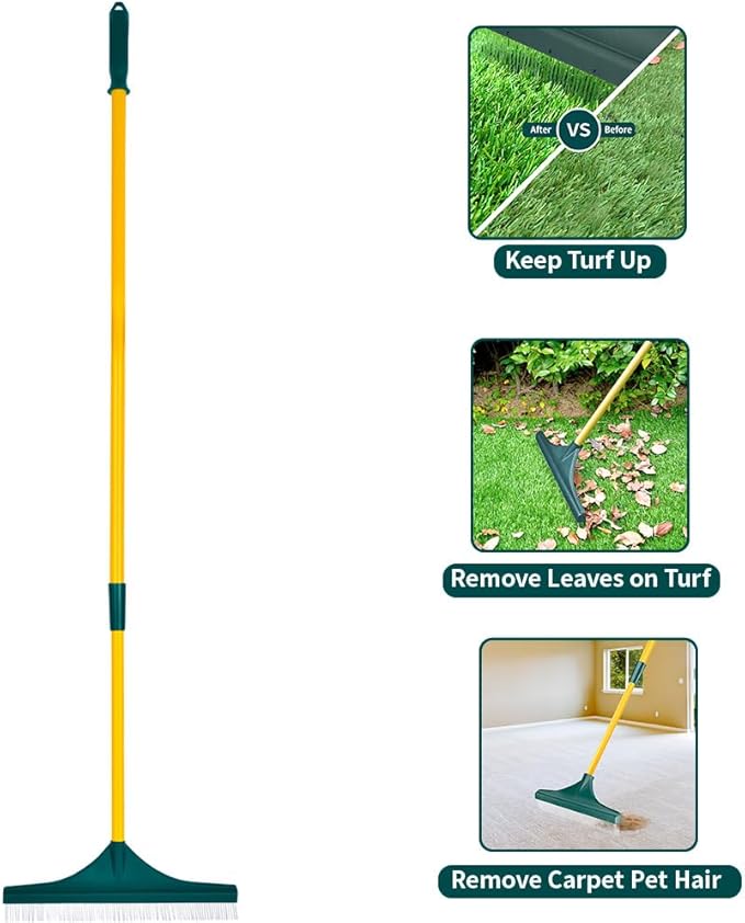 Artificial Turf Rake, Leaf Rake, Carpet Rake - 2026 New 3-in-1 Garden Rakes with Dense Tooth Broom, Adjustable 32 to 55 Inches Steel Handle for Artificial Grass Lawn Leaf Removal, Pet Hair Removal