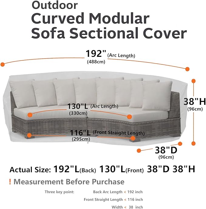 Curved Patio Furniture Cover for Outdoor Sectional Sofa, 190"(128") Reinforced Waterproof 600D Patio Couch Covers, Lawn Outside Garden Furniture Winter Protector-Midnight Black