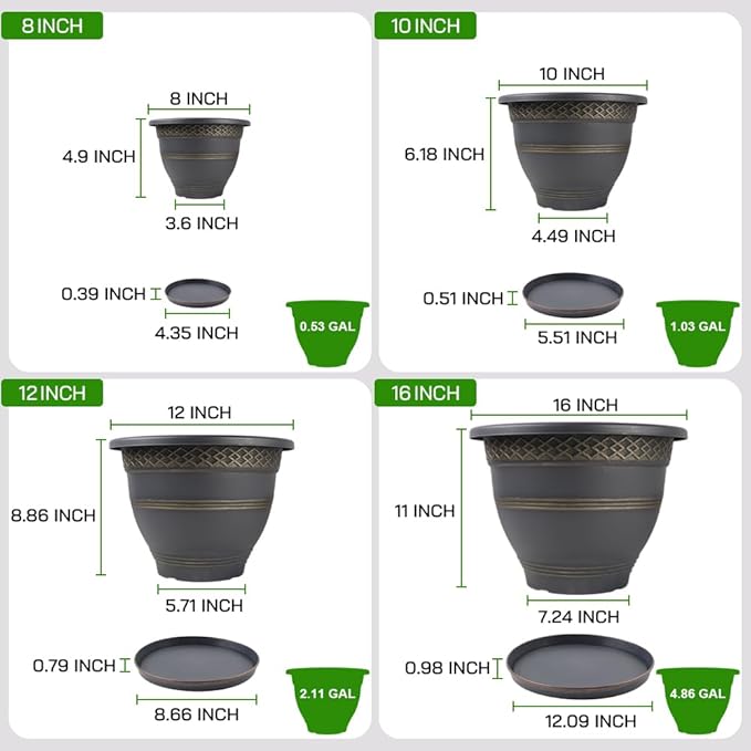Usocik 4 Pack 16 Inch Large Plant Pots, Plastic Flower Pot for Indoor & Outdoor with Drainage Holes & Saucer, Plaid Pattern Planters Garden Pots for Herbs Gold
