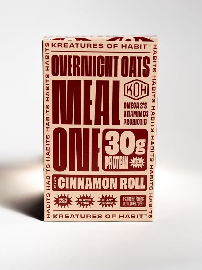 Kreatures of Habit MEAL ONE | Overnight & Instant Superfood Protein Meal Replacement | Gluten Free, Dairy Free, 30g of Plant Based Protein, With No Added Sugar (7 Pack, Limited Edition Flavor, Cinnamon Roll)