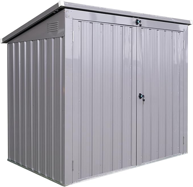 YOPTO 62" Garbage Bin Shed Stores 2 Trash Cans Metal Outdoor Storage,Stainless Galvanized Steel House with Sloped Roof & Lockable Door,Waterproof Cabinet Shelter for Patio,Lawn,Gray