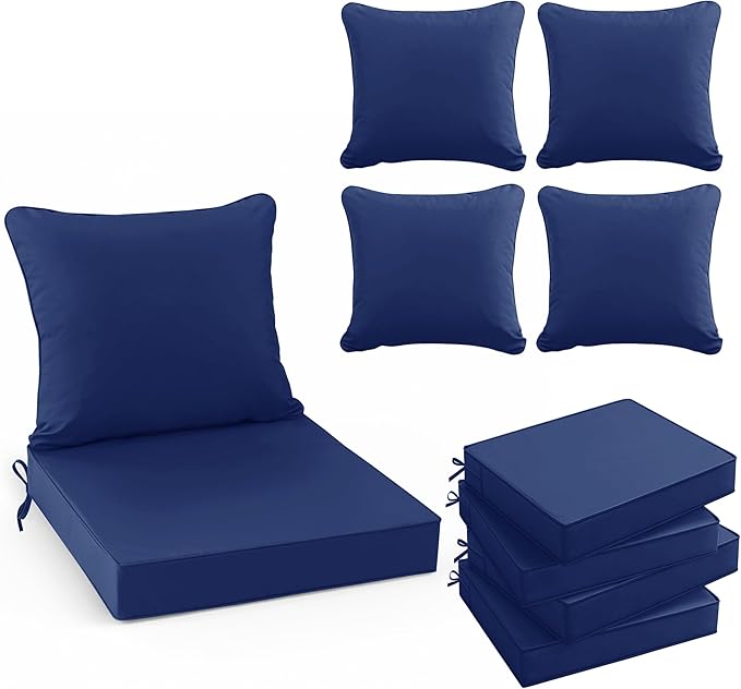 Summsun Outdoor Cushions for Patio Furniture 24 x 24 Inch, Double-Sided Waterproof Backrest and Deep Seat Cushion Set with Removable Cover, Navy, Set of 4