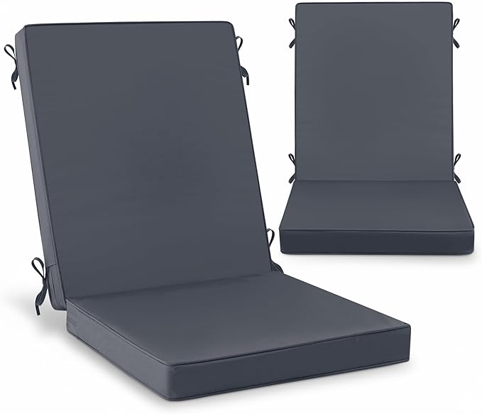 Summsun 2 Pack High Back Outdoor Chair Cushions, Water Resistant Patio Seat Cushion Set with Ties, Removable Covers, Non-Slip Bottom for Garden Lawn Patio Furniture, 44 x 20 Inch, Dark Grey