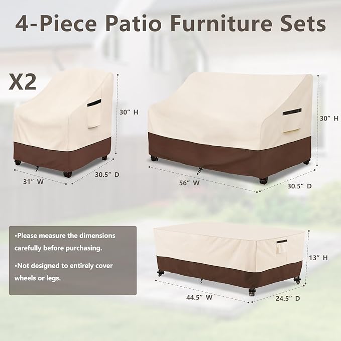 Rileytee Patio Furniture Set Covers, 4 Pcs 600D Heavy Duty 100% Waterproof Outdoor Furniture Cover, Fit Patio Loveseat, Chair and Coffee Table (Beige & Brown,Small)