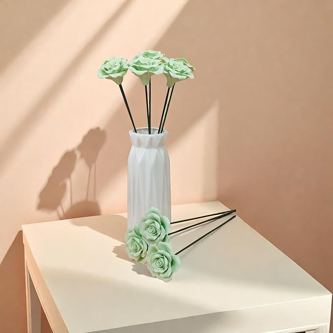 Handmade Porcelain 3D Ceramic Rose Flower, Eternal Flower Decoration for Home Office Decor, Creative Desktop vases, Porcelain Decorations, Exquisite, Set of 6 (Green)