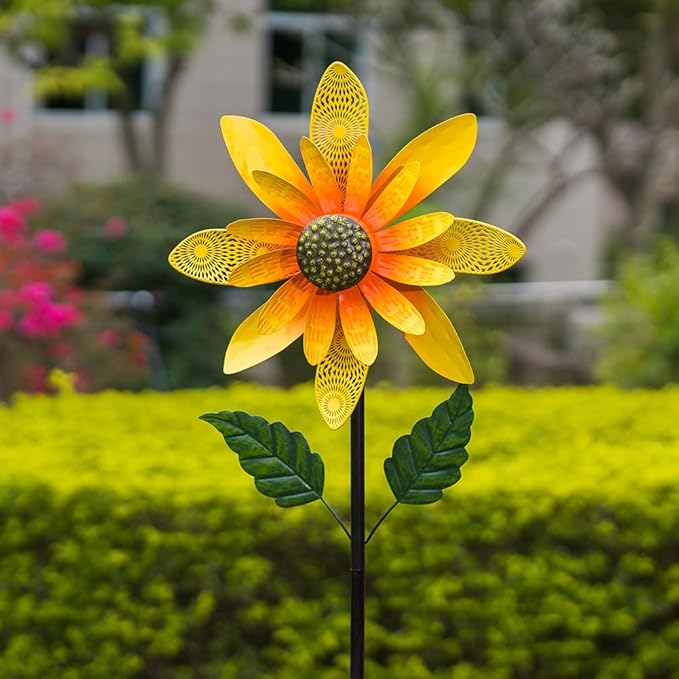 Viveta Sunflower Wind Spinner,13.7 * 58" Metal Wind Sculpture, Flower Garden Spinner,Pinwheel Decor for Yard and Garden Lawn Patio
