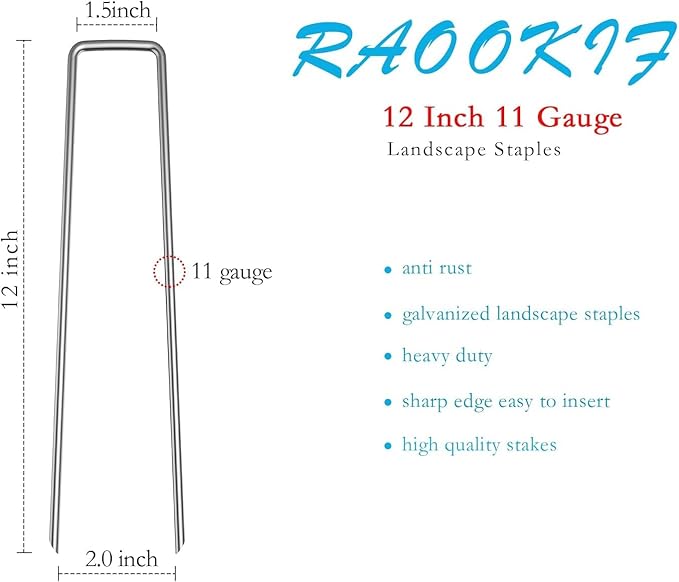 RAOOKIF 12 Inch Galvanized Garden Landscape Staples, 20/50/100/200Pcs Garden Metal Stakes, 11 Gauge Heavy Duty Ground Stakes for Decoration, Fence and Lawn Use, Fabric Pins