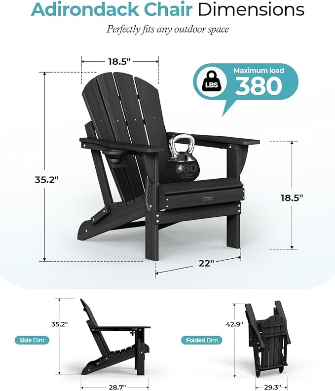 Ciokea Folding Adirondack Chair 4 Pack, Patio Adirondack Chair Weather Resistant, Plastic Fire Pit Chair with Cup Holder, Lawn Chair for Outdoor Porch Garden Backyard Deck (Black)