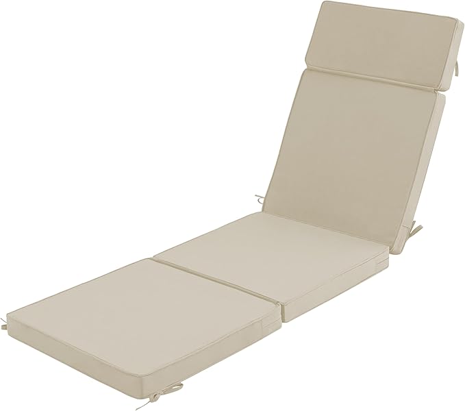 72 x 21 Inch Outdoor Chaise Lounge Cushion - Removable Cover, 4-Section Design, Water-Repellent & Fade-Resistant, 6 Tie Straps, Replacement for Patio & Pool Chairs - Cream