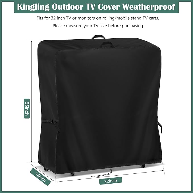 Kingling Outdoor TV Cover 32 Inch Weatherproof, Waterproof Outdoor TV Stand Covers For Mobile TV Carts With Floor Stand Base, TV Screen Protection Covers For Outside- 32”L x 14”W x 55”H(Cover Only)