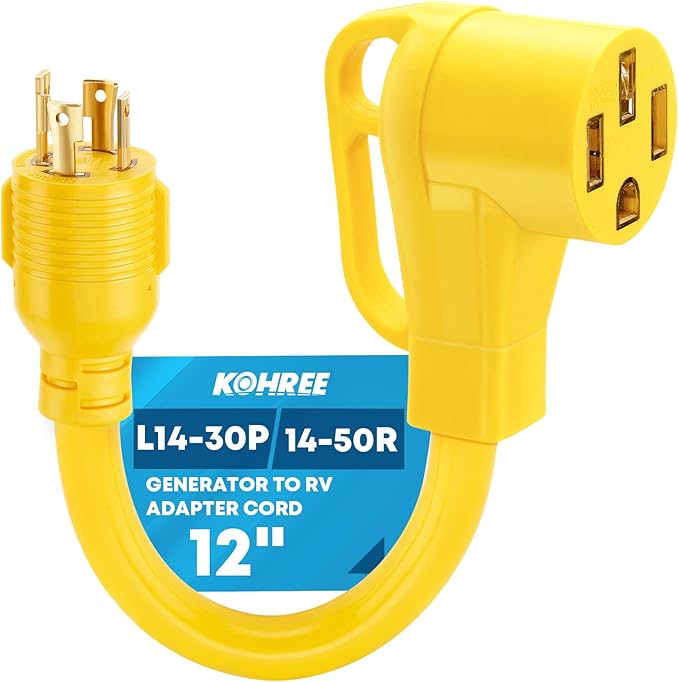 Kohree 4 Prong 30 Amp to 50 Amp RV Generator Adapter Cord, NEMA L14-30P to 14-50R Twist Lock Adapter, NEMA L14-30P Twist Lock Plug to 14-50R Receptacle, STW 10 AWG 12", RV Adapter for Trailer Camper