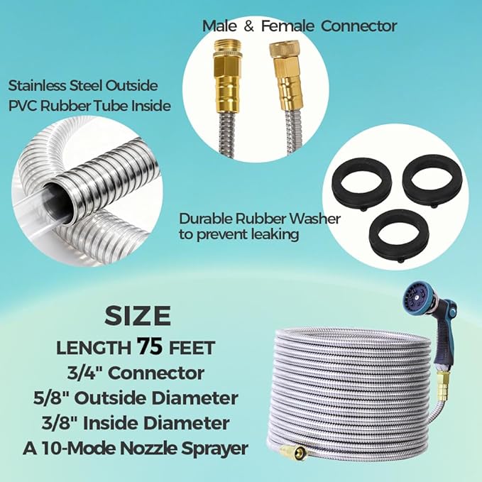 75FT Garden Hose, Stainless Steel Water Hose, Metal Hose Flexible with a 10-Mode Nozzle Sprayer, No Kink, Lightweight, Puncture Proof, Ideal for Yard, Lawn, Outdoor, 5/8'' Outside Diameter