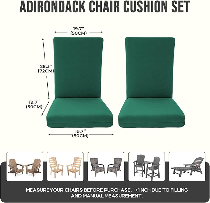 2 Pack Adirondack Chair Cushions, Waterproof & Fade-Resistant Outdoor Rocking Chair Cushion Set, Removable Seat Pads with Ties for High Back Dining or Patio Chairs, Green