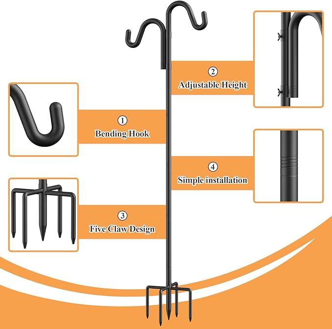 92" Double Hooks Heavy Duty Adjustable Bird Feeder Pole with Sturdy 5-Prong Base, Height Adjustable Shepherds Hook for Hanging Feeders, Plants, Solar Lanterns & Wind Chimes (2026 Upgrade)
