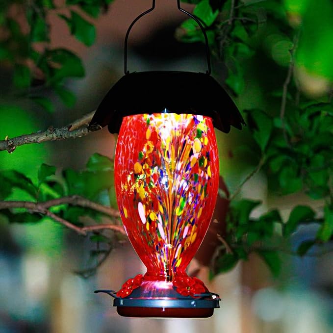 Solar Hummingbird Feeder for Outdoors Hanging Colorful Lighting 32 Oz Hand Blown Glass Hummingbird Feeder for Garden Decoration with Accessories (Firework)