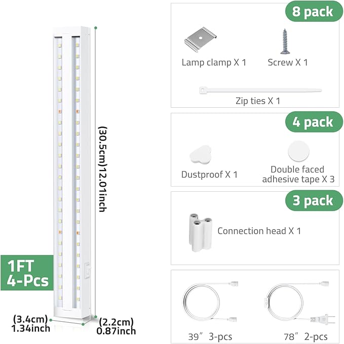 FOXGARDEN Grow Lights for Indoor Plants, 1FT 32w (4×8W) Full Spectrum LED Plant Growing Lamp, Grow Light Strip, Plug and Play, Separate Switch, 4-Pack