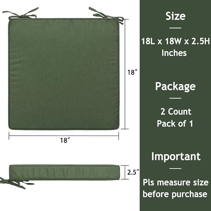 Magpie Fabrics Square Corner Seat Cushion, 18" x 18" x 2.5", 2 Pack, Indoor/Outdoor Waterproof Weather Resistant Universal Chair Pads for Patio Garden Dining - Green