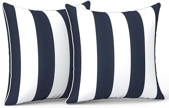 LVTXIII Outdoor Throw Pillows 18x18 Patio Waterproof Square Pillows with Piping Fade Resistant Accent Pillow for Spring Summer Garden Decoration, Set of 2, Cabana Navy