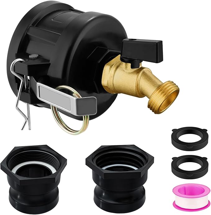 IBC Tote Adapter, 2" Cam Lock for 275-330 Gallon IBC Tote Tank with 2packs Groove Fittings, IBC Tote to Garden Hose Adapter with Brass Hose Faucet (3/4" Male NPT Inlet ×3/4" Male GHT Threaded)