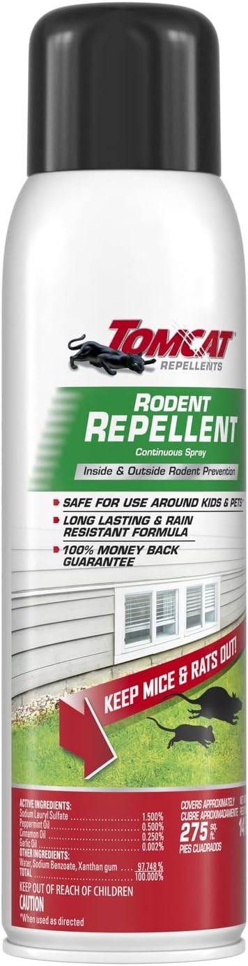 Tomcat Rodent Repellent Continuous Spray - Indoor and Outdoor Mouse and Rat Deterrent, No-Stink Cinnamon, Peppermint and Garlic Essential Oil Formula, 2-Pack