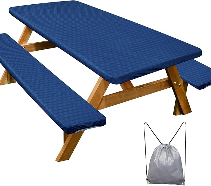 Play Tailor Picnic Table Cover with Bench Covers Camping Essentials Waterproof Windproof Camping Tablecloth with Drawstring Bag, Fitted Rectangle Tables and Seats, 72in, Deep Blue