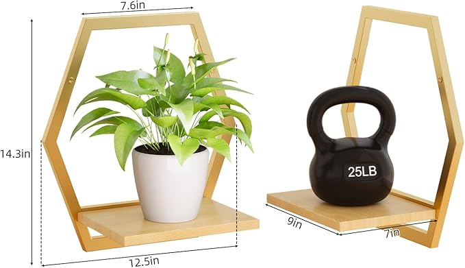 3 Pack Natural Wood & 25 LB Load Metal Wall Plant Holders, 9 inch Solid Wooden Shelf, Mid Century Hanging Planter for Indoor Plants Golden