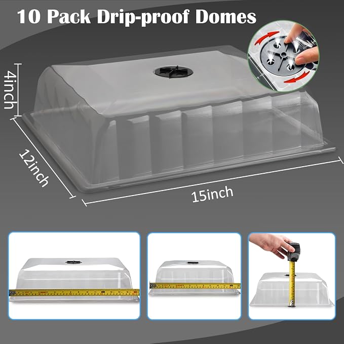 RooTrimmer 10-Pack Leak-Proof Humidity Domes, Plastic Clear Seed Starter Dome, Seed Starter Tray Covers Humidifying and Insulating for Greenhouse Germination and Garden Growing (16"×13", 4" Height)