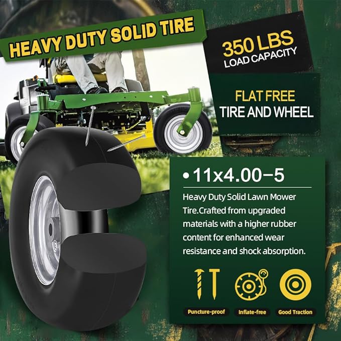 11x4.00-5 Flat Free Tire and Wheel (2 Pack),11x4-5 Solid Smooth Tractor Turf Tire with Rim, 3.4" Centered Hub and 3/4" & 5/8" Bushing, For Zero Turn Mowers and Riding Lawn Mower(Gray)