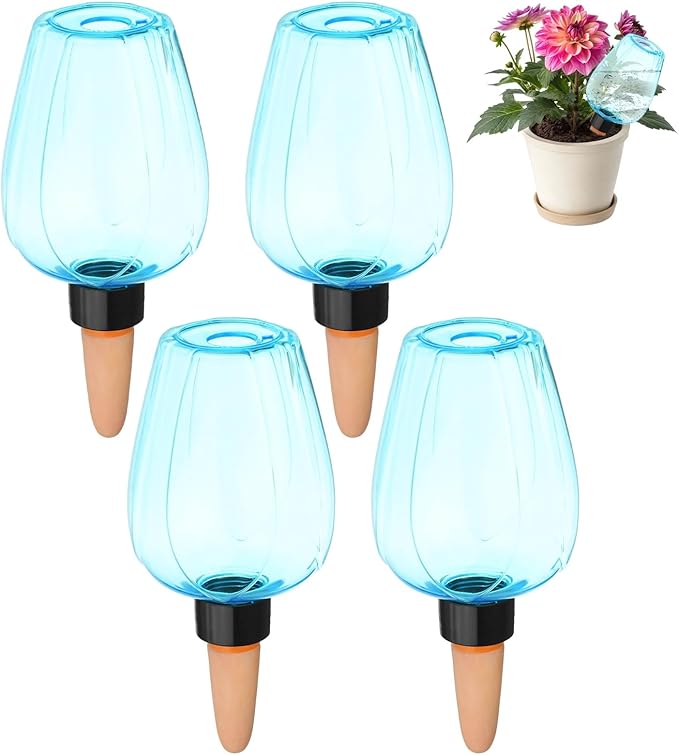 M METERXITY 4-Pack Plant Self Watering Globes, 6.8 oz Plastic Rose Water Bulbs Top Fill for Indoor/Outdoor Plants, Self Watering Spikes Slow Release Terracotta [Blue]