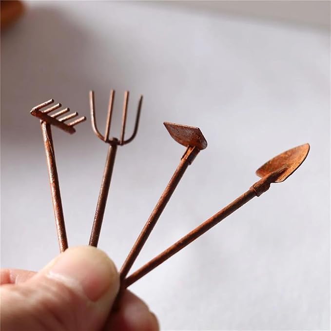 4 Pcs Miniature Dollhouse Garden Tools 1:12 Mini Rusty Shovel Hoe and Pitchfork Fairy Garden Accessories Furniture Ornaments Micro Landscape Decor Garden Sculptures Statues, Decorations