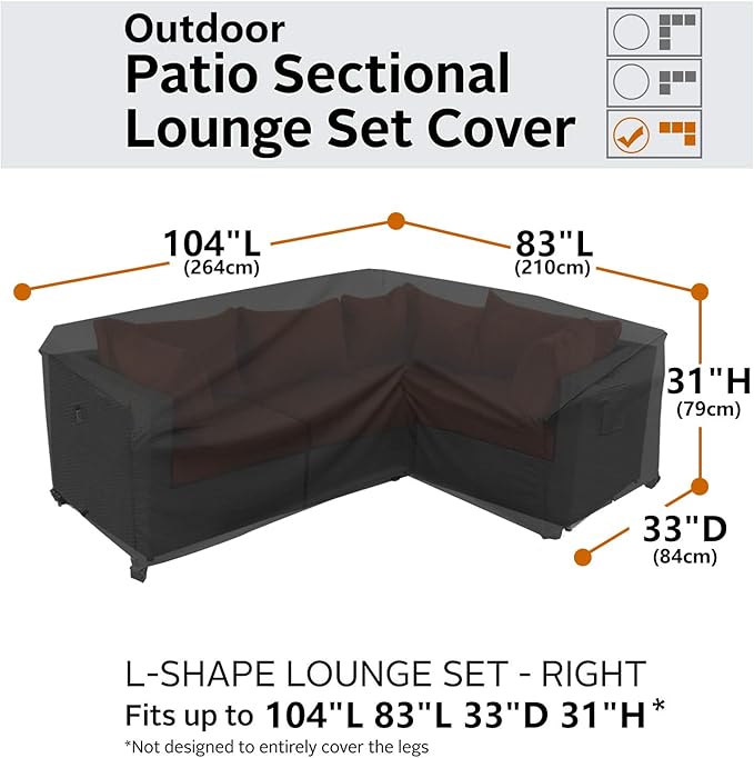 Heavy Duty Outdoor Sectional Cover, 104"X83" Waterproof 600D Patio Sectional Couch Covers, Lawn Patio Furniture Protector(Midnight Black,L-Shaped-Right Facing-104 x83)