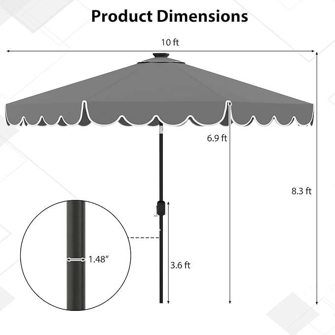 Tangkula 10FT Solar LED Patio Umbrella, 2-Tiers Scalloped Outdoor Table Market Umbrella with 24 LED Lights, Vented Top, Tilt Adjustment, Crank, 8 Ribs for Backyard Poolside Deck Beach Lawn (Gray)