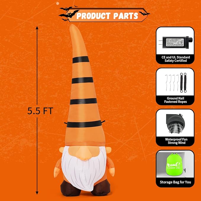 COMIN 5FT Thanksgiving Inflatables Gnome Blow Up Ourdoor Yard Decoration Built-in LEDs for Fall Garden Lawn Decor