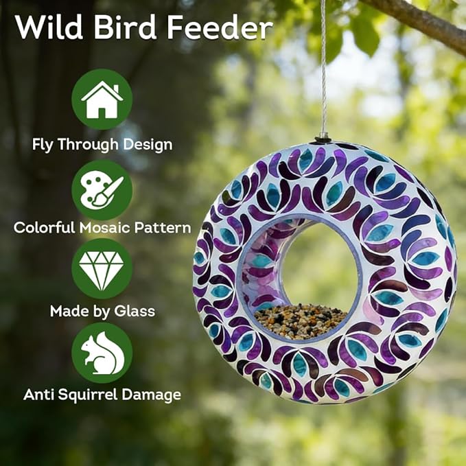 Lily's Home 8 Inches Glass Mosaic Hanging Bird Feeder for Outdoors Fly-Through Large Bird Feeder for Outdoor Garden Decor Backyard, Animals Lovers Gift, Purple and Blue