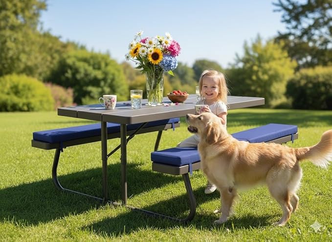 Picnic Bench Cushions 2 Pack, Outdoor Picnic Bench Seat Pads – Water-Resistant Polyester Fabric with High-Density Foam, 72" x 12" x 2", Portable & Foldable for Picnic Tables, Camping, Patio-Navy blue
